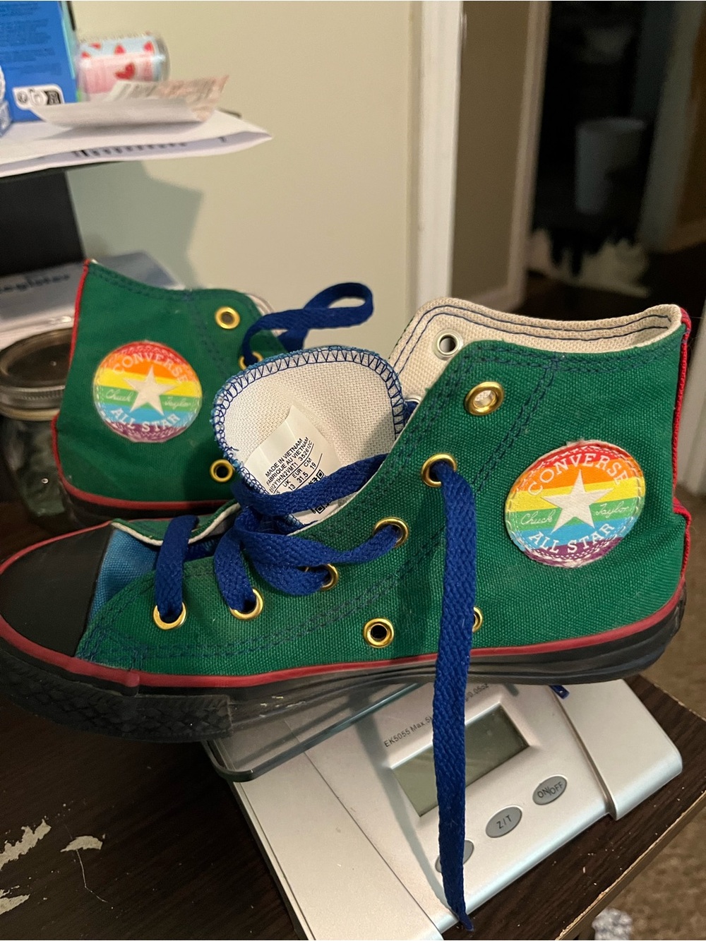 Converse Kids Green High-Top Sneakers with Rainbow Patch and Blue Laces
